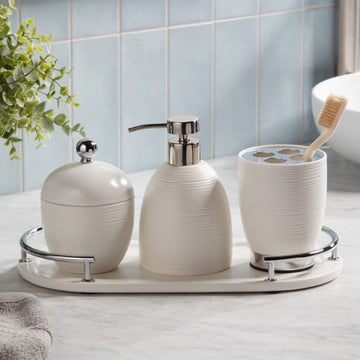Dubai Ceramic 4 pc bathroom accessory set (shiny stainless steel trim)